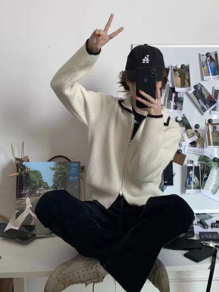 

Маленький ароматный ветровой контрастный кардиган из чистого кашемира с лацканами, женский осенне-зимний свободный свитер, дизайн, трикотажная куртка