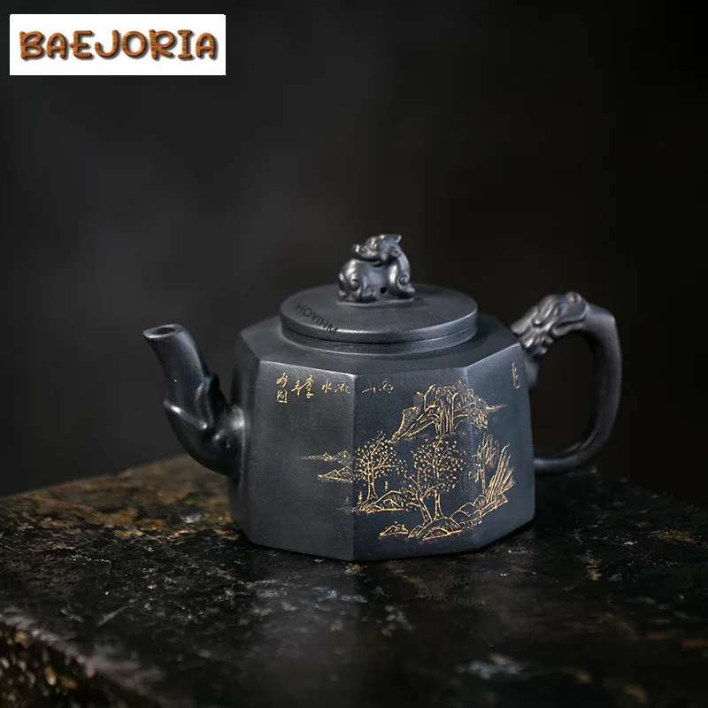 BAEJORIA 300ml Aesthetic Yixing Purple Clay Teapot Handmade Octagon Fortune Pixiu Pot Raw Ore Mud Kettle Zisha Tea Set Gift