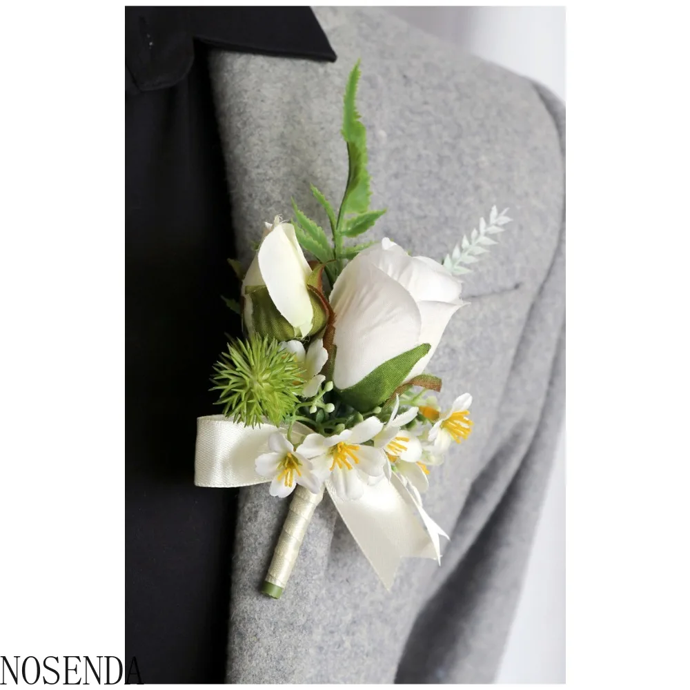 Мужская бутоньерка с большой головой цветка для жениха и листьев, бутоньерка для подружки невесты, свадебные аксессуары, свадебное украшение