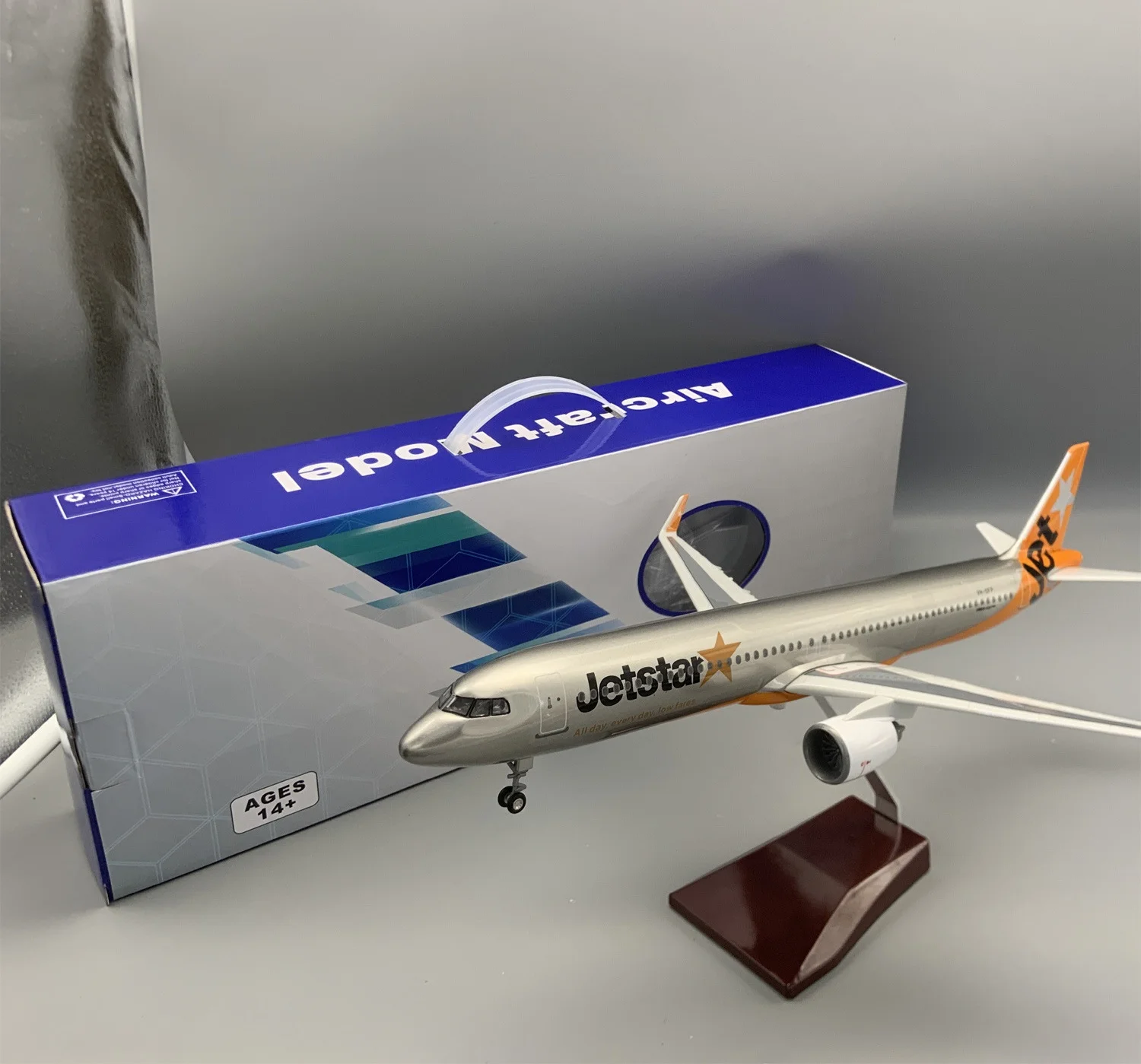 44cm Miniature Plane A321 Jetstar Airplane Model 1:100 Scale Aircraft Resin with LED Light(Touch or Sound Control) Collectible