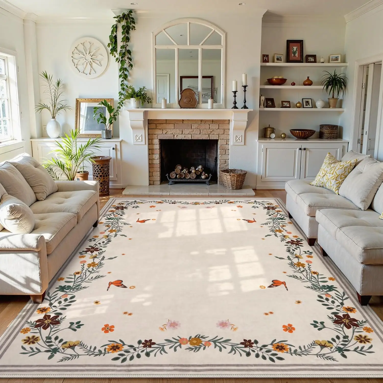 Soft Boho Large Living Room Carpet for Bedroom Dining Room, Ultra-Thin Washable Non Slip Rugs with Low Pile Under Table Carpet