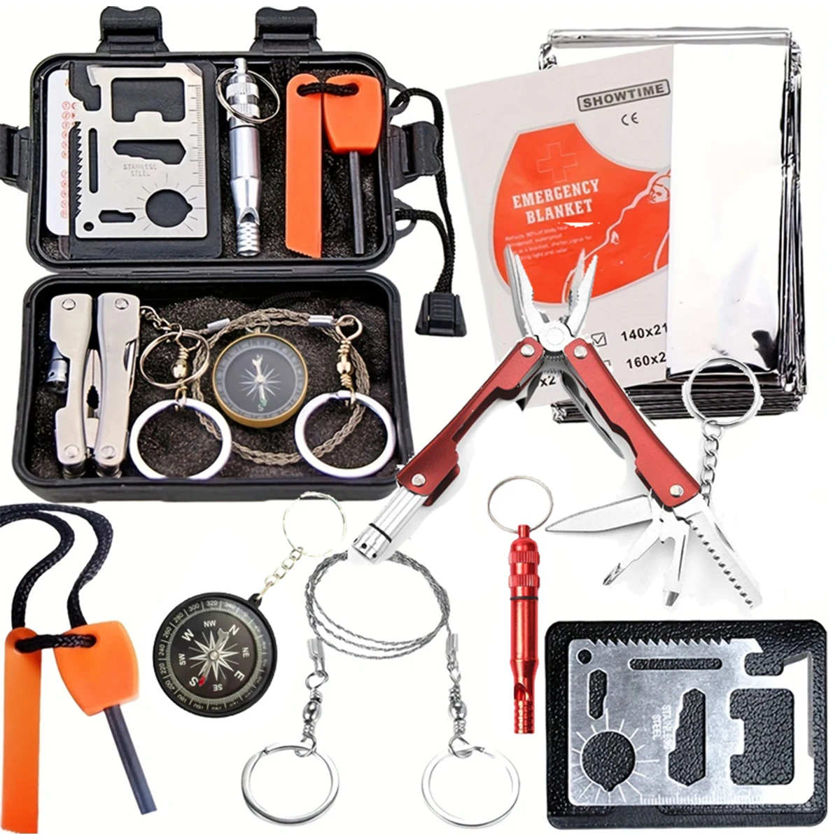 A comprehensive wilderness emergency kit for camping, fishing and emergency situations - including scissors, tweezers and more