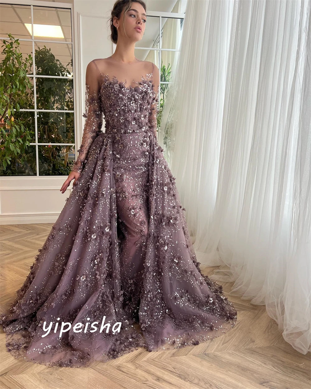 Intricate Sparkle Jewel Ball Gown Celebrity  Flower Paillette / Sequins Floor Length Skirts Organza Evening