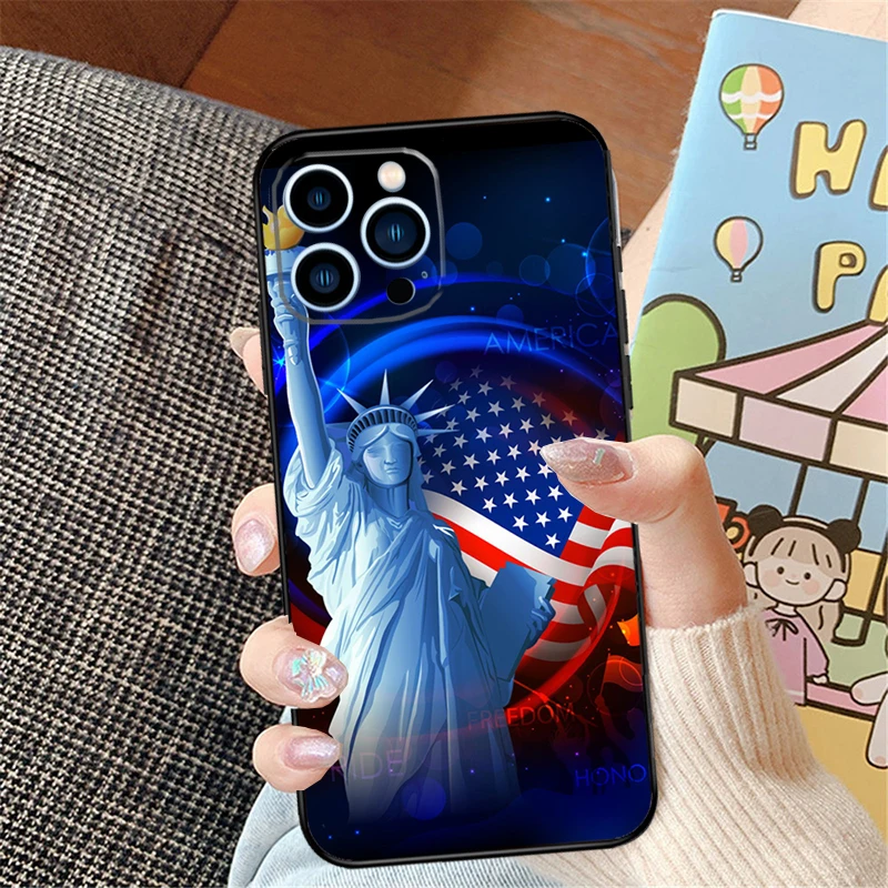 America Flag Statue of Liberty Case For iPhone 15 13 12 11 14 16 Pro Max XR XS X Plus 12 13 Mini Bumper Cover Capa