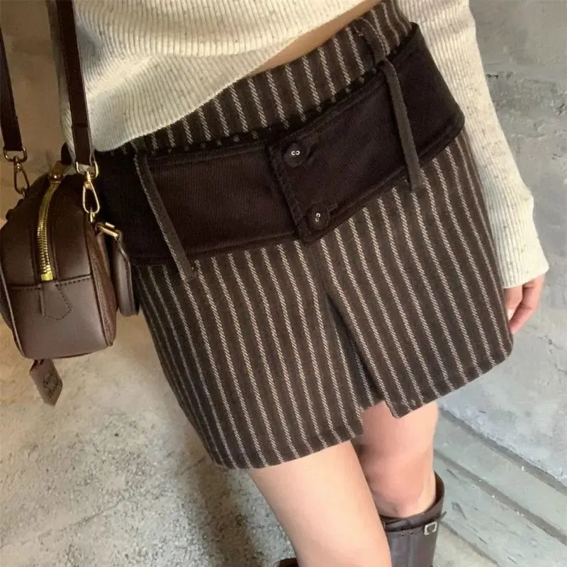 New Retro Patchwork Striped Woolen Skirt Women Fashion High Waist Slim Fit A-line Short Skirts Spring Autumn Jupe Streetwear