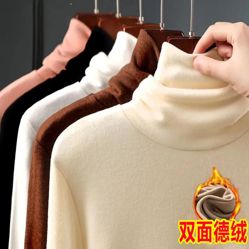 

Women's high neck top paired with autumn and winter new long sleeved t-shirt men's top