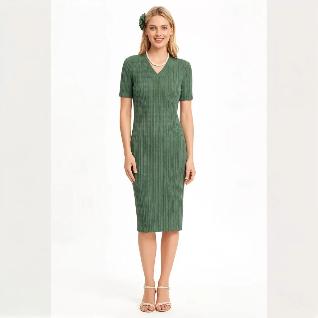 

Miyake Pleated 2026 Spring/Summer New Arrival Light Luxury Pleated Dress Elegant V-Neck Short-Sleeve Commuter Midi Dress Pleat
