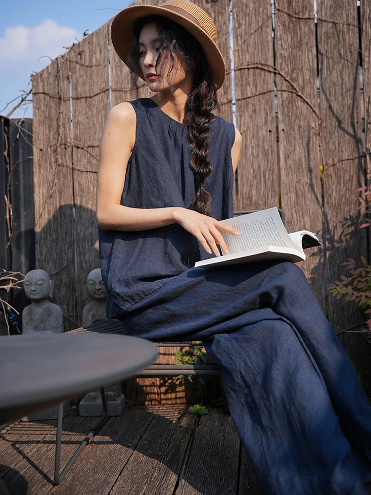 

JingGu Summer New Sle Loose Fit Starry Blue Linen Svel Casual Set Versatile Slimming Small irt Vest Combo