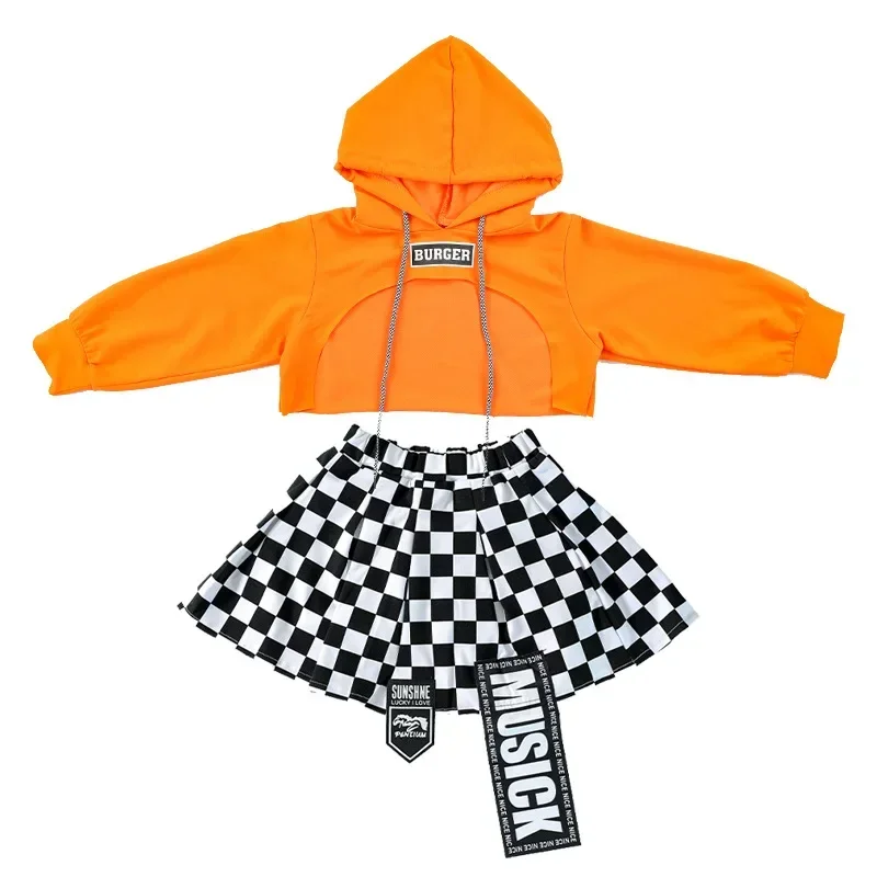 Hoodie Sweatshirt Crop Top Long Sleeve T Shirt Streetwear Checkered Skirt Girl Dance Costume Clothes Kid Hip Hop Clothing