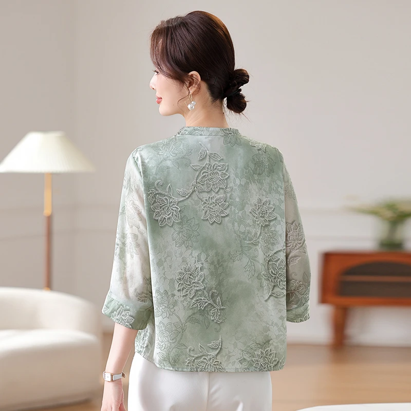 

Summer Thin Faion Print irt for Middle-Aged Women Loose Fit Casual Sle Button up Casual Sve Length Seven Points