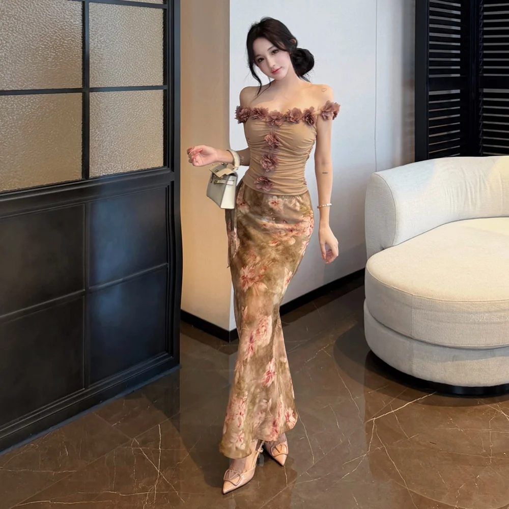Retro Sweet Floral Print Halter Vest And  Skirt Set Women's Summer Fashion Slim Fit Two Piece Outfit without Brand