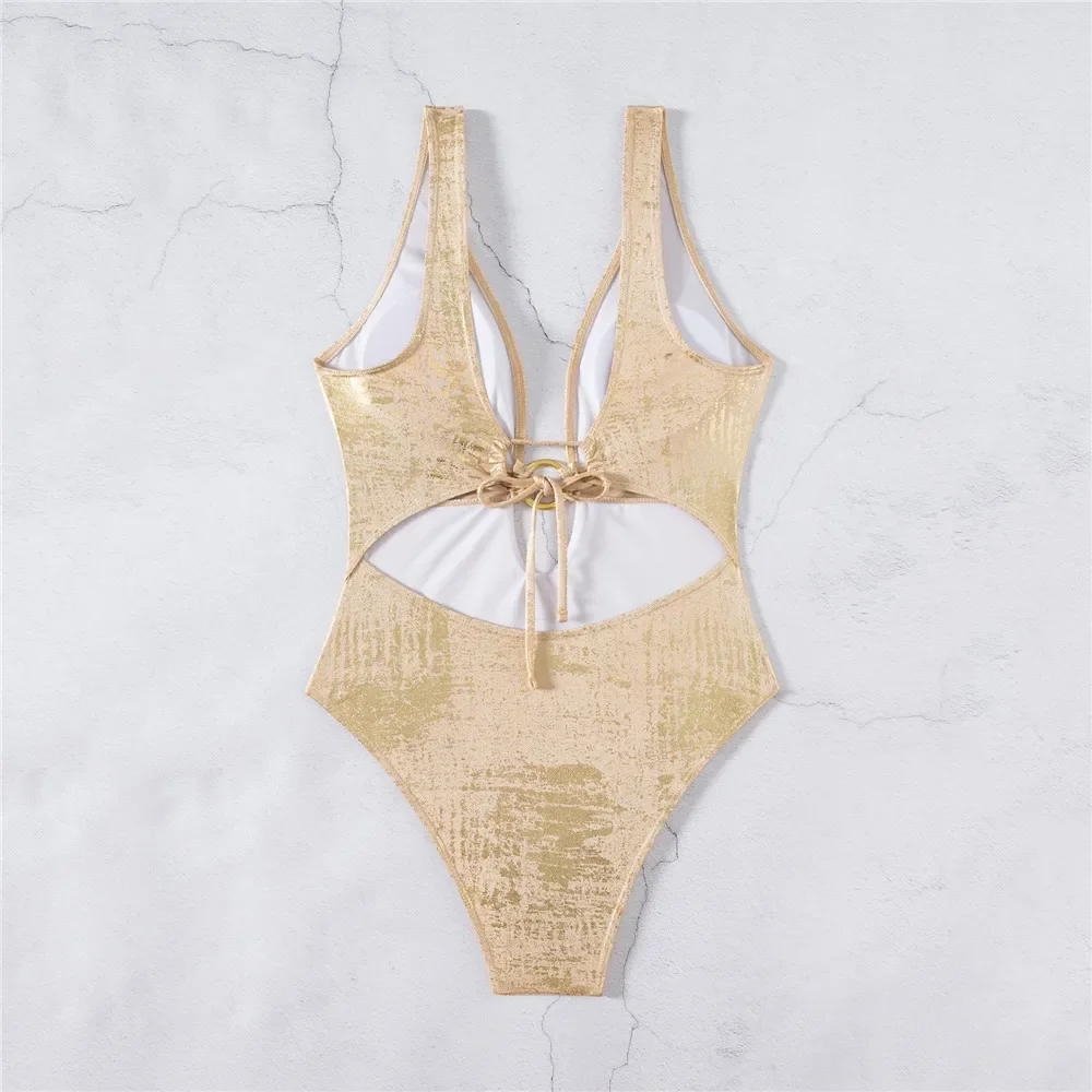 Glod Shiny Metal Ring Swimwear Sexy One Piece Swimsuit Women 2026 Hollow Out Monokini Back Lace-up Bathing Suit Swimming Wear