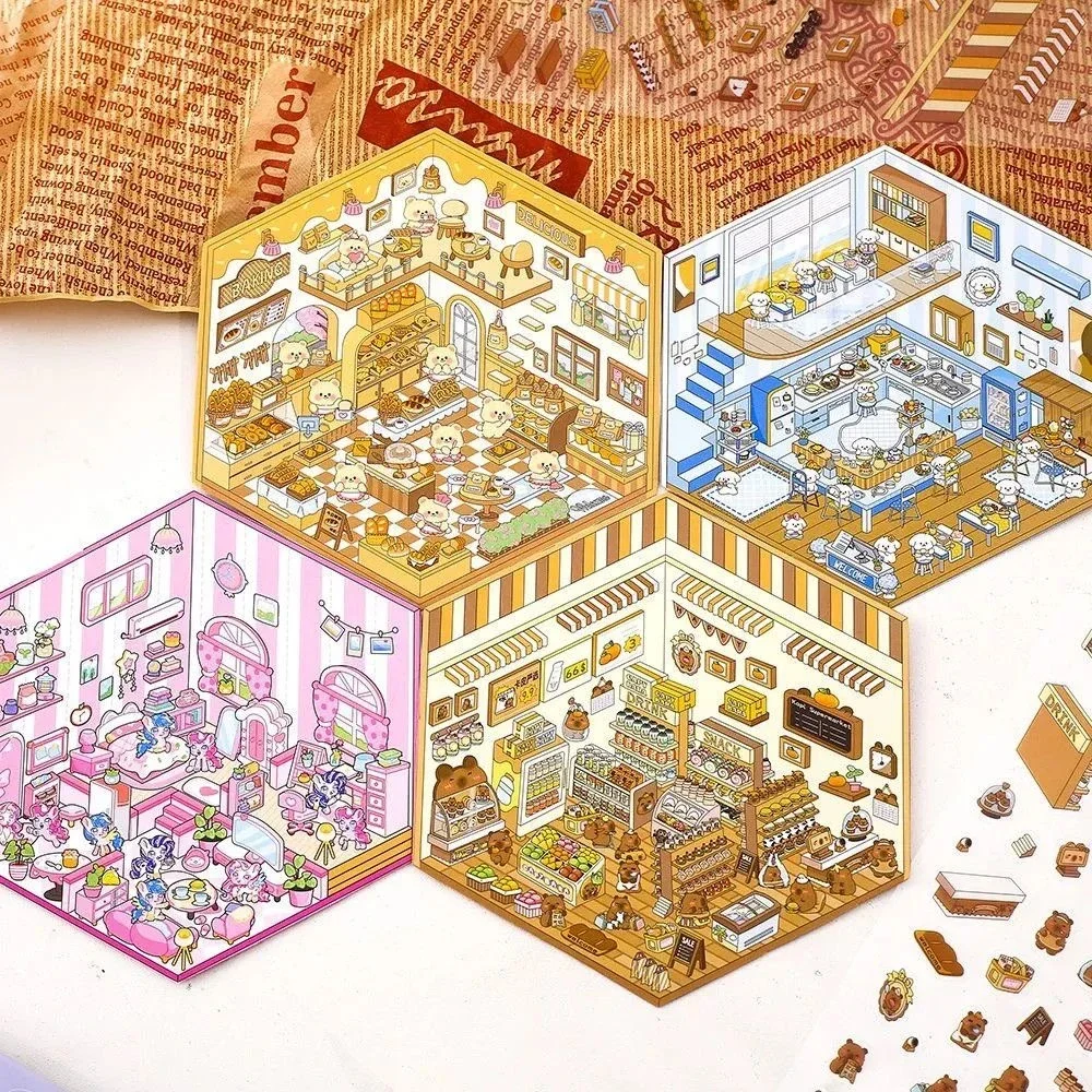 20Pcs in 1 Book Cartoon 3D DIY Landscape Sticker Pocket Cabin Scene Stacking and Stick Stickers Gift for Kid Child Student