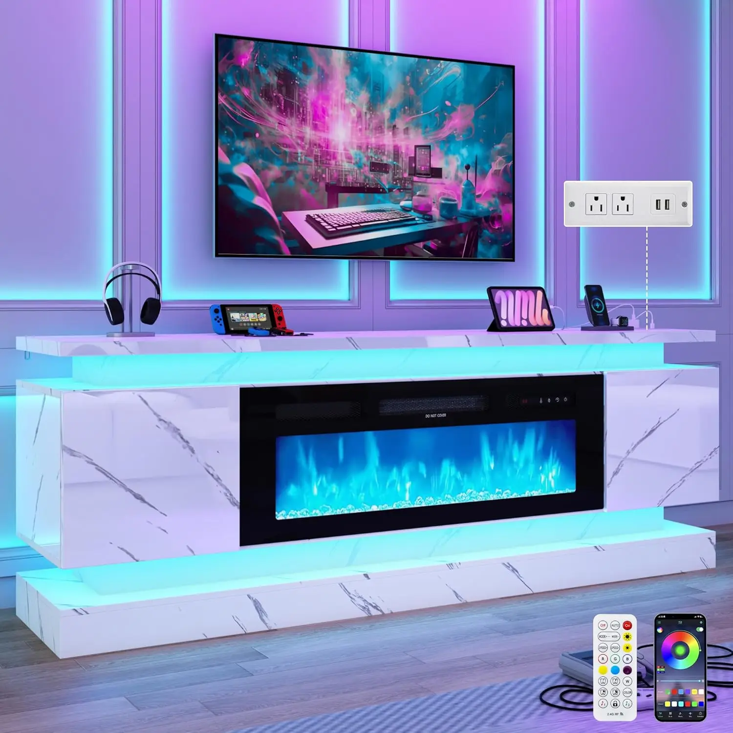 71IN LED TV Stands w/40 inch Fireplace Power Outlet for 85/80/75 Inch TVs,High Glossy Modern TV Media Console Gaming, view 2