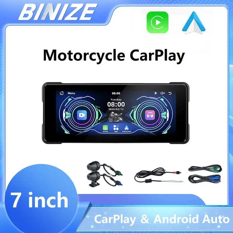 

Binize 7 Inch Motorcycle Carplay Wireless Android Auto &Carplay Navigation Front Rear Dual Bluetooth Display Screen Optional DVR