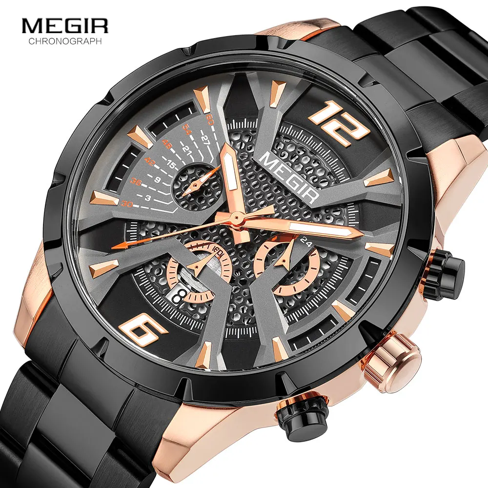 MEGIR Black Stainless Steel Watch Men Fashion Sport Chronograph Quartz Dress Wristwatch with Auto Date 24-hour Luminous Hands