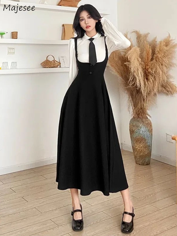 

Women Sets Solid French Style Black Strap Midi Dresses Folds Female Trendy Casual Autumn White Shirts Simple Chic Ins Vintage