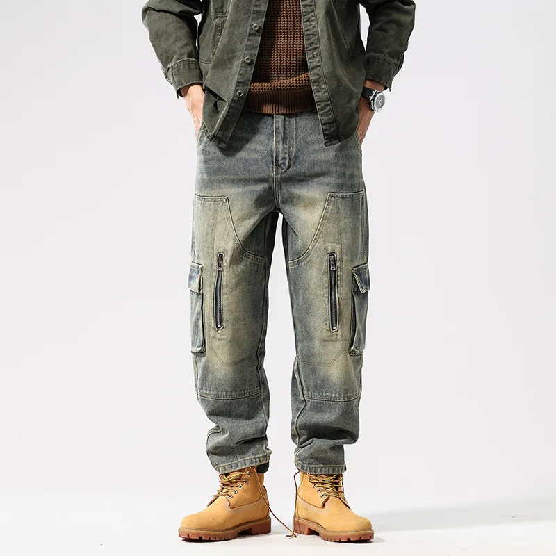 

9059 American retro fashion brand autumn and winter washed Japanese trend loose personality stitching harem jeans men