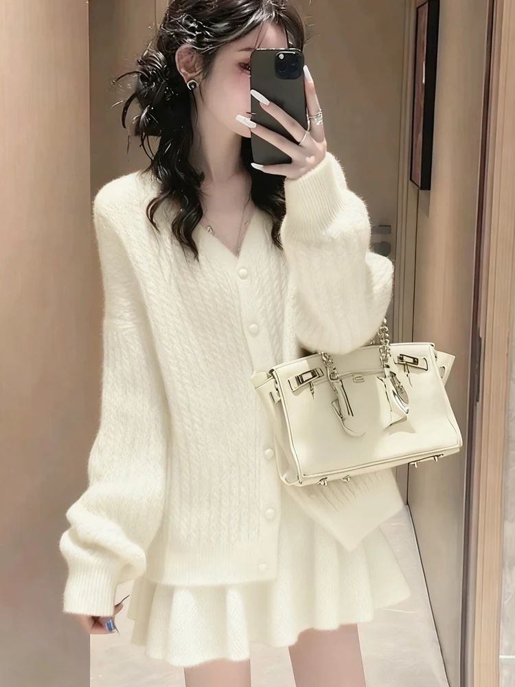 السيدات V-Ne محبوك سترة وتنورة ort قطعتين مجموعة عادية Sle الترفيه Faion التخسيس الألوان المتناقضة الخريف ث...