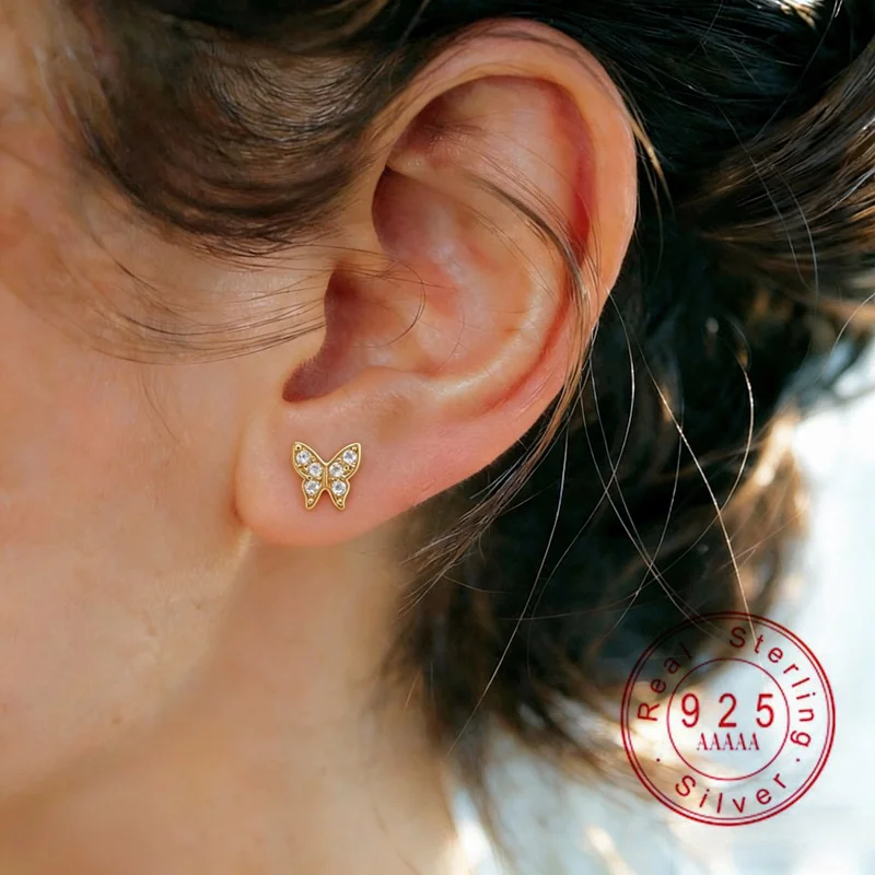 

925 Sterling Silver Zircon Butterfly Stud Earrings Gold Plated Fashion Jewelry for Women