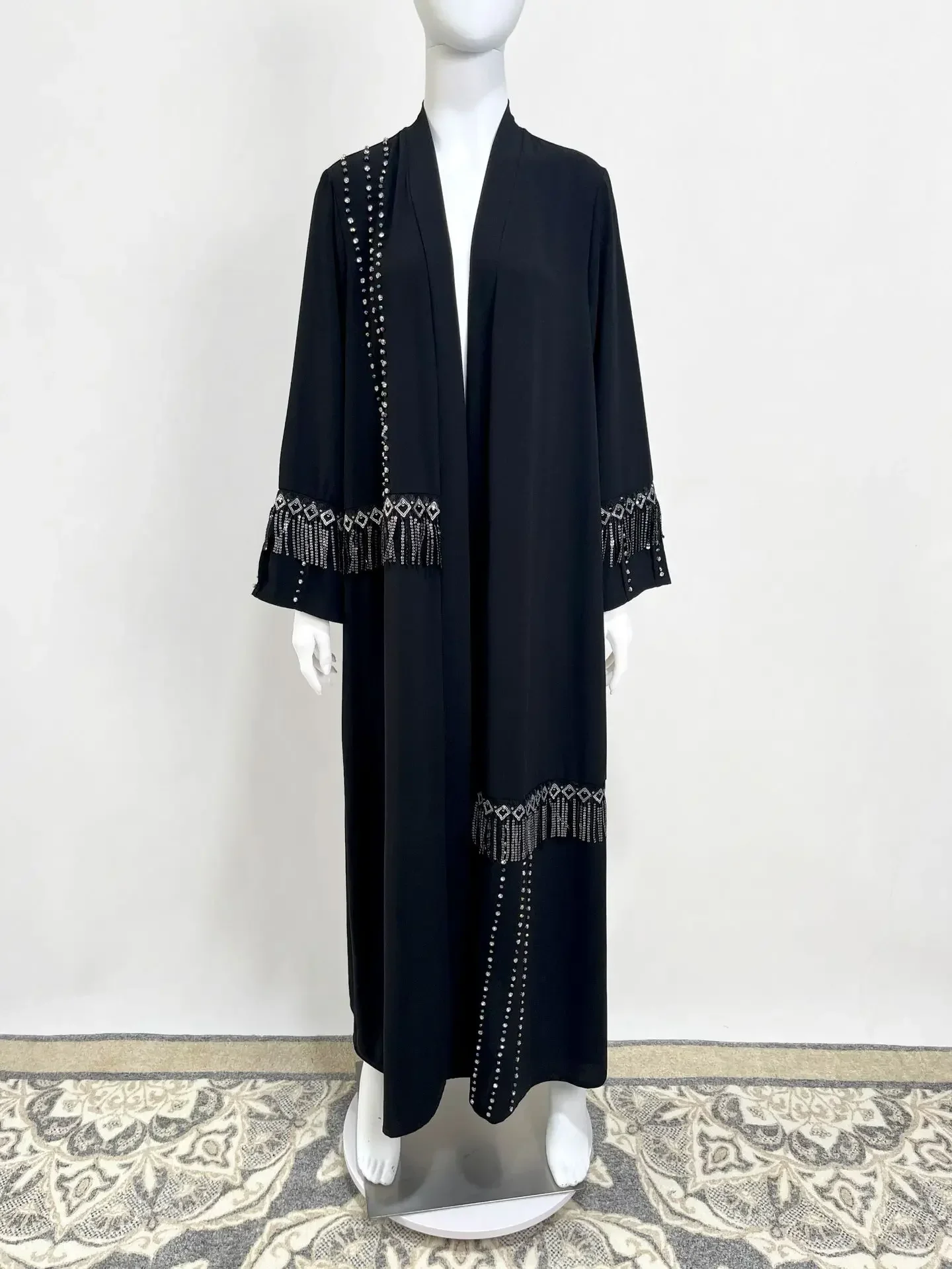 Imagem -06 - Cardigã Casual para Mulheres Abayas Muçulmanas Caftan Marroquino Vestido Abaya Muçulmano Borla Preta Contas Multicoloridas