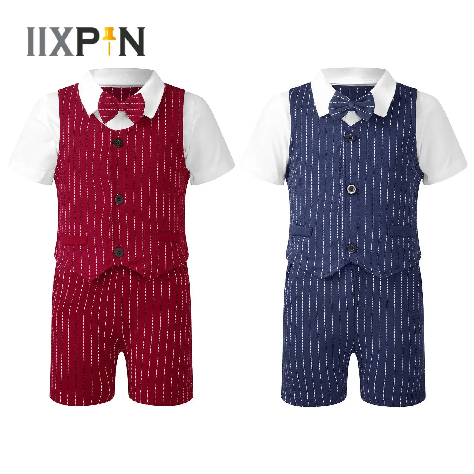 

Toddler Boys Gentlemen Suit Turn-Down Collar Short Sleeve Shirt+Bow Stripe Vest Blazer+Shorts Outfit for Birthday Wedding Party