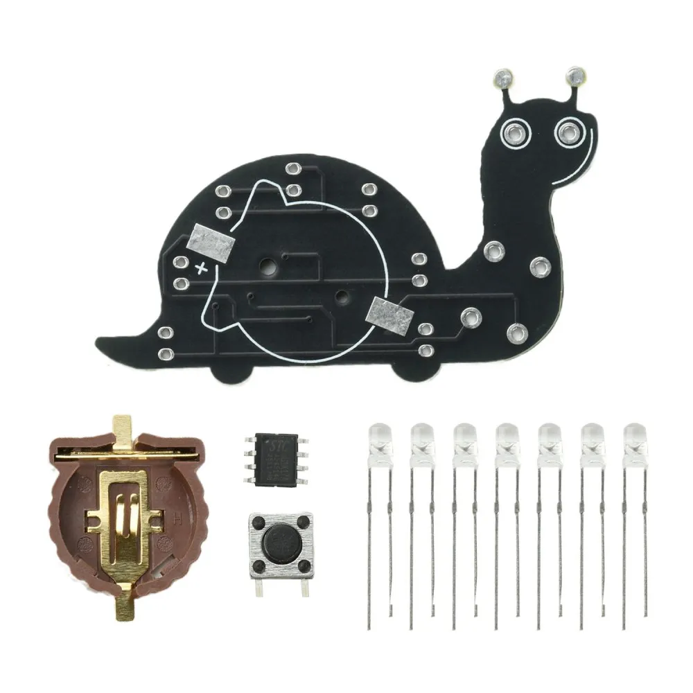 Snail Shape LED Running Light Soldering Practice Board DIY Electronic Kit 7 Green LEDs 6 Lighting Modes Welding Training Kit