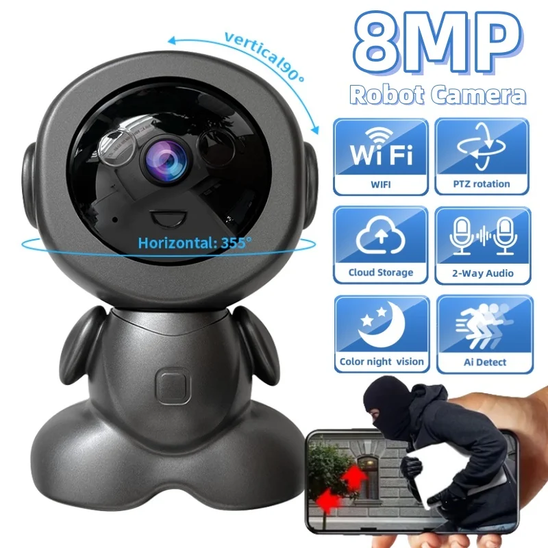 

8MP Mini Robot Wifi Camera 8X Zoom PTZ Baby Monitor Indoor HD Color Night Vision Auto Human Tracking CCTV Home Security IP Cam