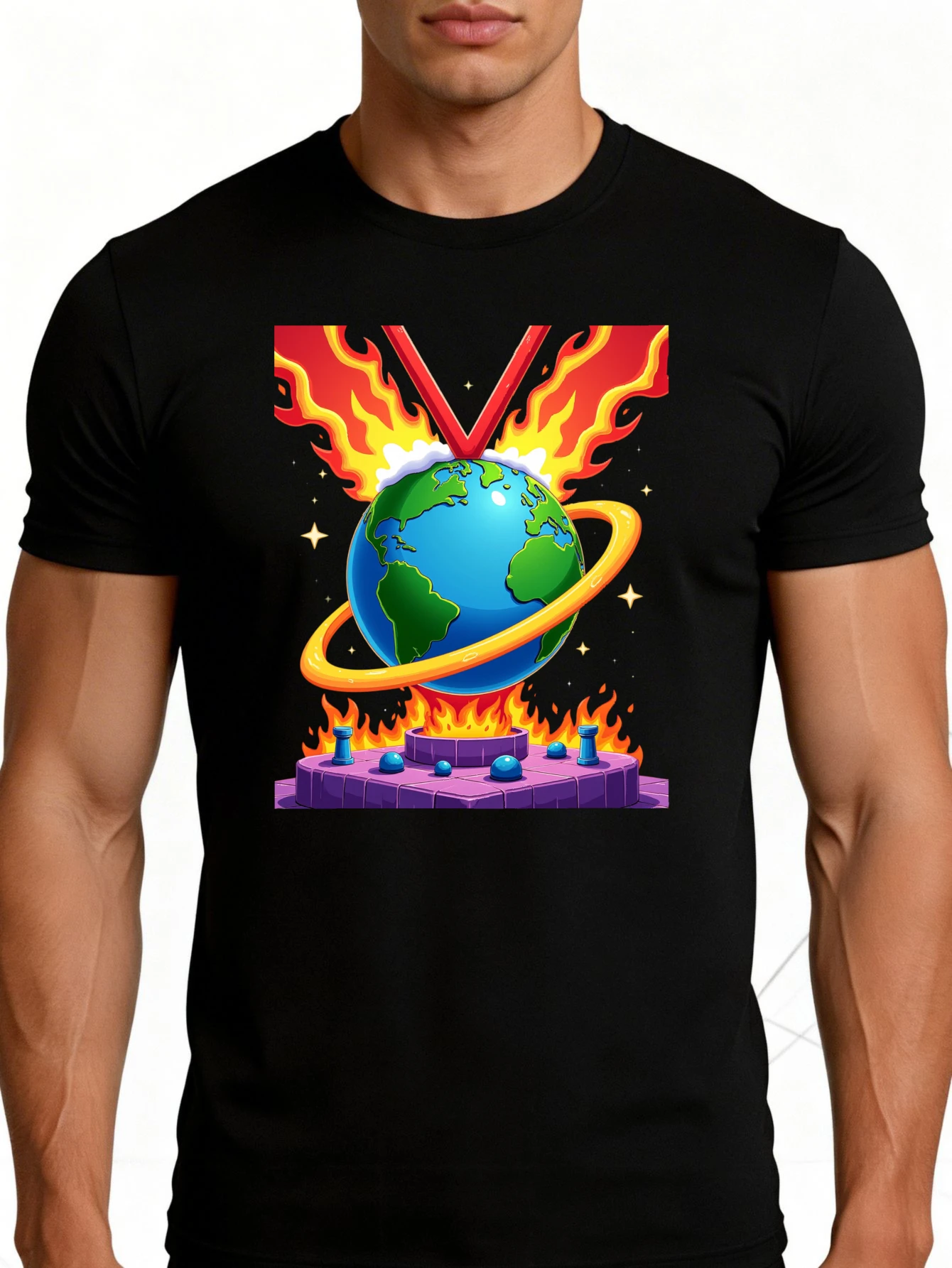 Men's Plain Graphic T-Shirt - Breathable, Soft, Lightweight - Earth Pattern with Flames and Rings - Vintage Fun Graphic Casual Short Sleeve Summer Top, Gift for Him