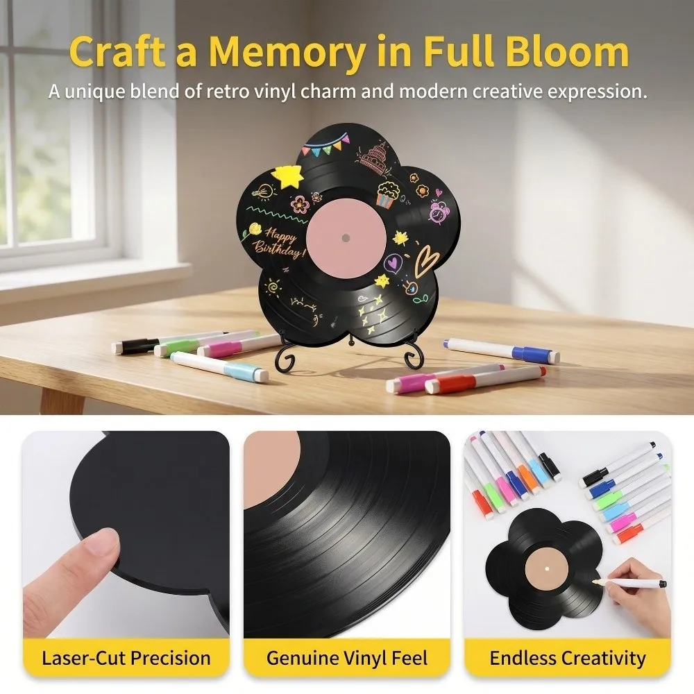 Creative Flower Shape Vinyl Record Ornament Iron Rack Art DIY Graffiti Disc Decorative with Mark Pens Acrylic Decoration