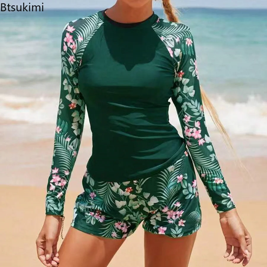 2025 maiô feminino tankini conjunto de manga longa banho feminino surf esportes piscina beachwear fatos de banho de duas peças com shorts