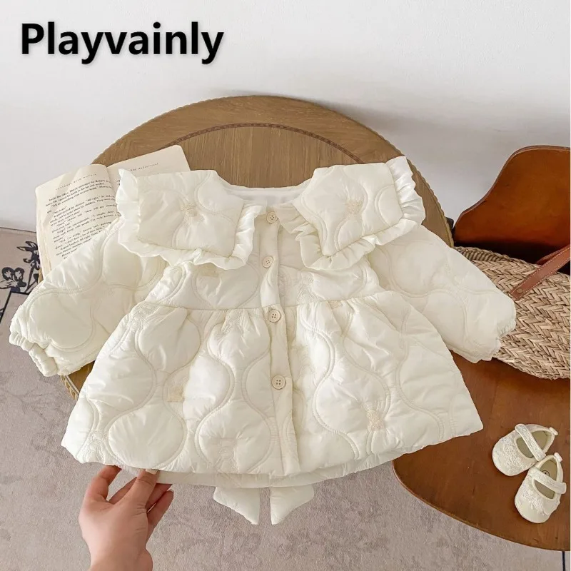 

2025 New Girls Winter Padded Jacket Light Beige Lace Large Lapel Bow Fleece Lined Warm Coat Fashion Thickened Kids Clothes Z531