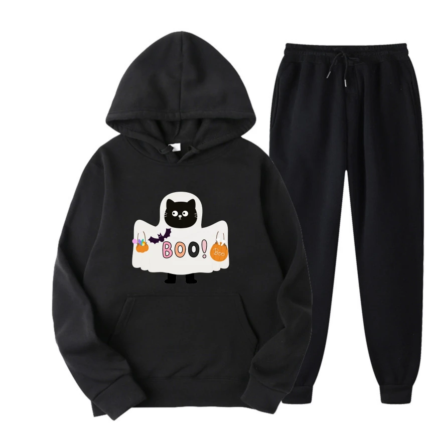 

2025 Space Black cat graffiti print suit Spring And Autumn Men Hoodies Casual Street Wear Graphic Print Comfortable Pullover set