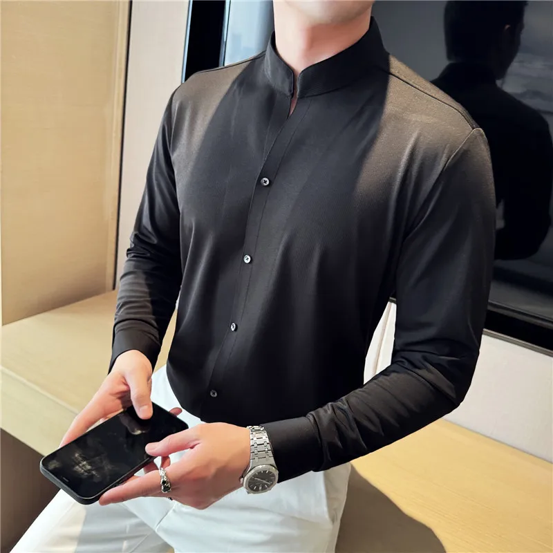 New Chinese Style Standing Collar Long Sleeved Shirt with High-end Feel High Elasticity and No Trace Standing Collar Shirt