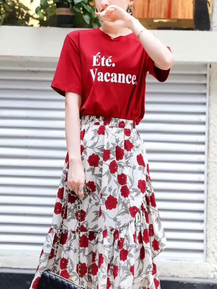 

Elegant Floral Print Dress Set Women's Spring Fashion Casual Loose Fit High Waist round Neck Short Sleeve T-Shirt Two-Piece Suit