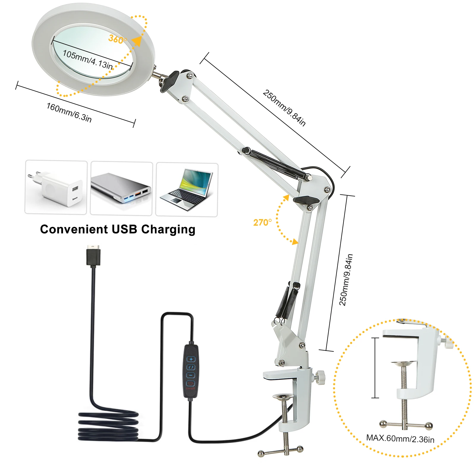 Flexible Clamp-on Table Lamp with 8x Magnifier Swing Arm Dimmable LEDs Desk Light 3 Color Modes for Reading Working Studying