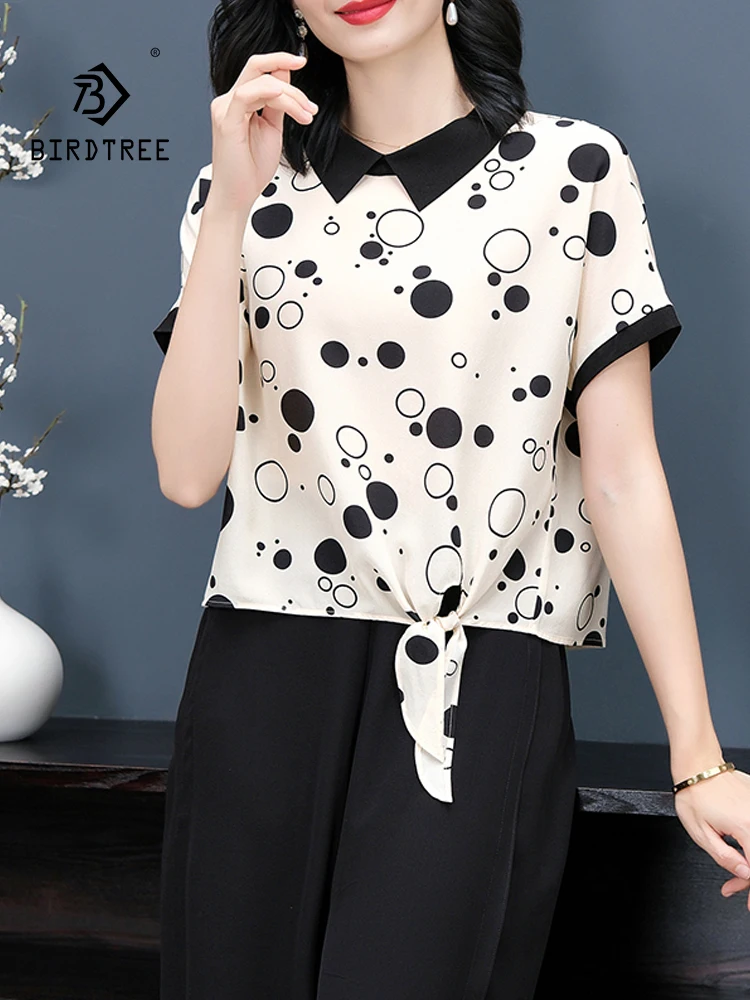 

BirdTree, 100%Real Silk Elegant Shirts, Women's Short Sleeve Printed, Oversize Mom Literature Blouses, 2024 Summer New T444124QC