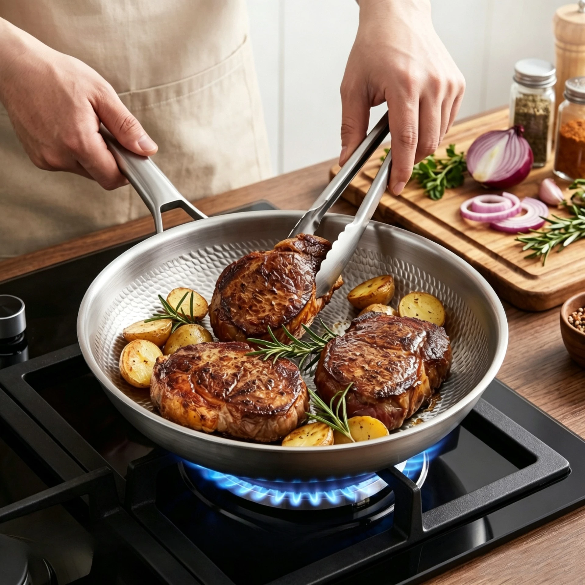 3-Ply Composite Titanium Hammered Skillet Non Coating Non-stick Pan Induction Gas Compatible