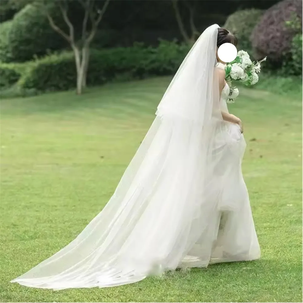 أنيقة المرأة 3M قطع حافة 2 طبقات الزفاف الحجاب الزفاف الأبيض زائدة طويلة لينة شير بسيطة تأثيري صور الملحقات #2