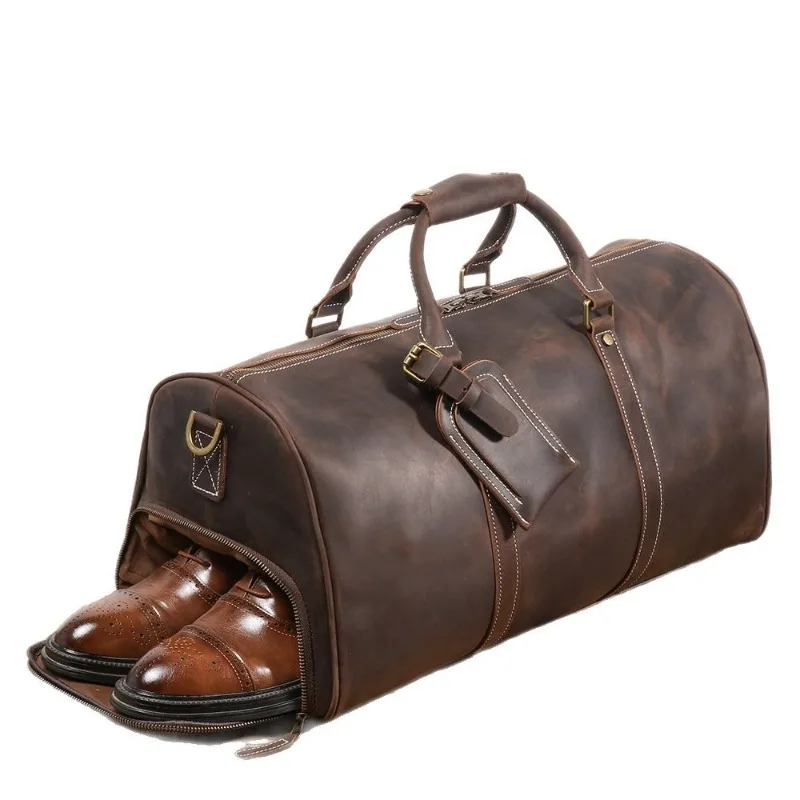 

Crazy horse leather travel bag, first layer cowhide business travel bag handmade leather men's shoulder messenger bag