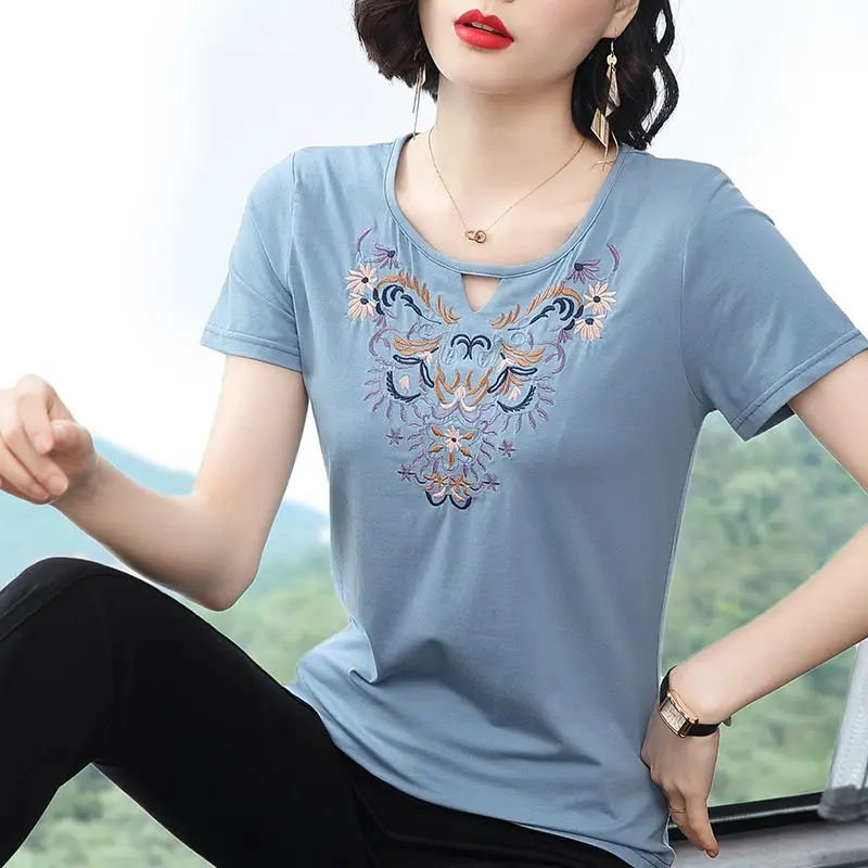 Trendy Women\'s Clothing Summer Pullover Short Sleeve Round Neck Hollow Out Plant&Flowers Embroidered T-shirt Casual Elegant Tops