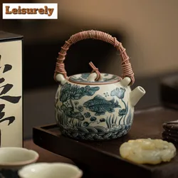 200ml Imitation Song Ru Kiln Teapot Boutique Fish Algae Pattern Vine Weaving Beam Pot Tea Making Kettle Puer Cha Supplies Gift