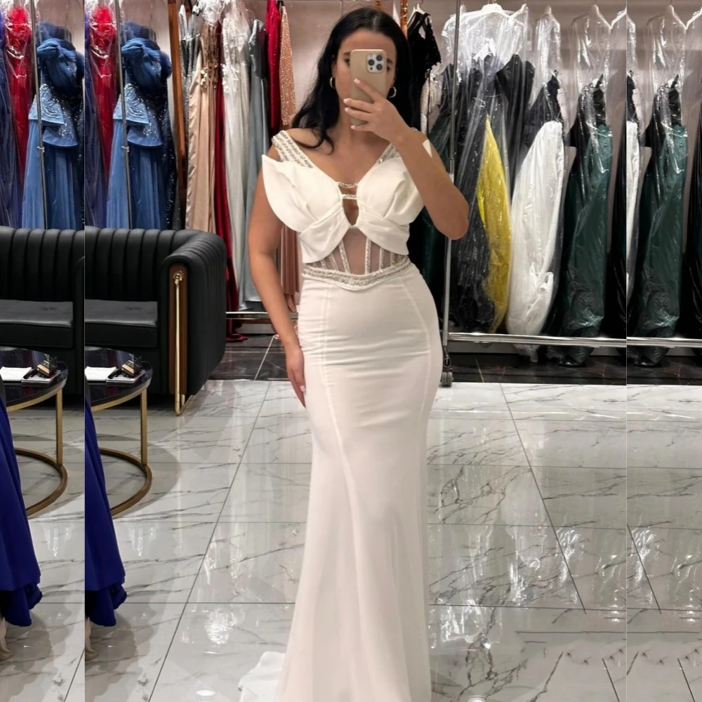 Customized Classic Exquisite Jersey Sequined Pleat Trumpet V-neck Long Dresses Bespoke Occasion Sparkle