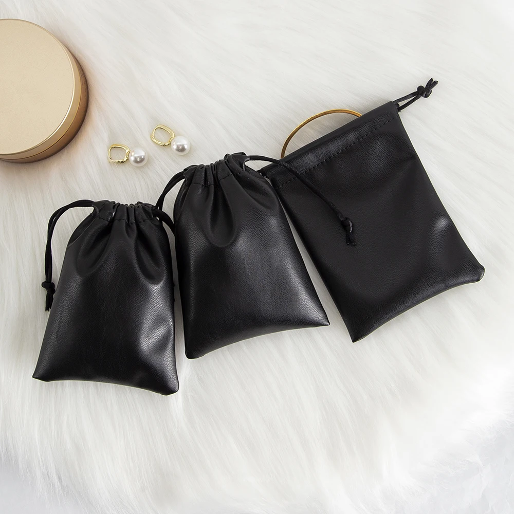 10Pcs Black PU Leather Jewelry Drawstring Bags