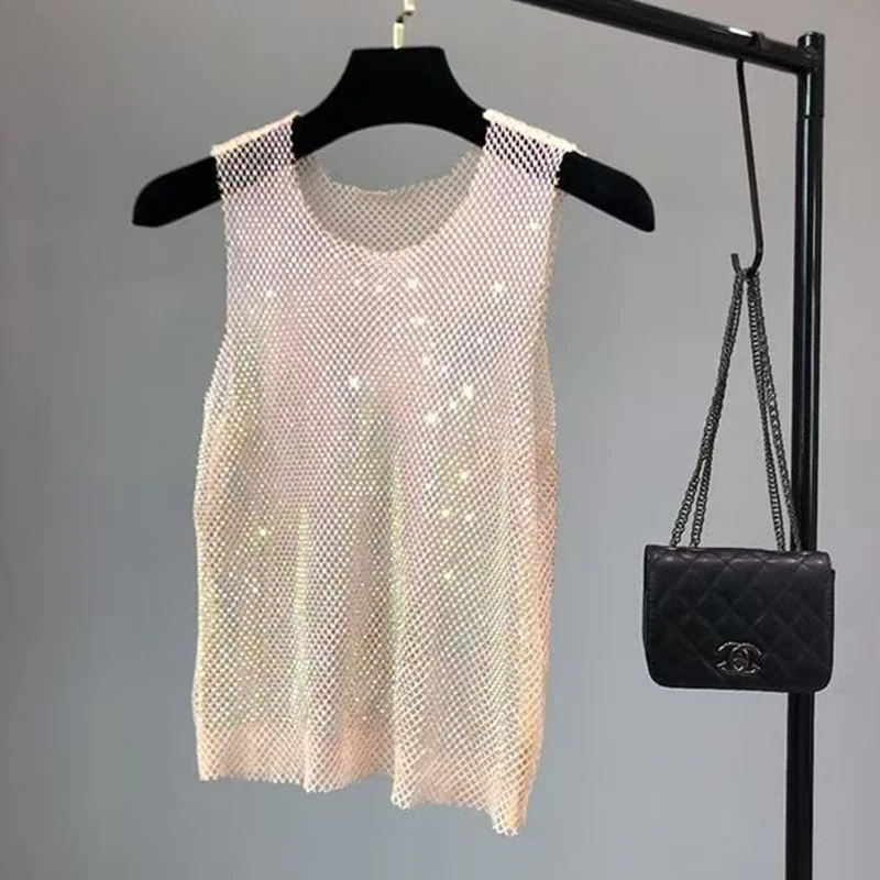 Herren Tanktop aus Netzstoff mit Strasssteinen, durchsichtiges Netzoberteil, glitzerndes Diamant-Design, sexy, figurbetont, ideal für Bodybuilding, Festival, Rave, Y2K-Outfit. – Detail 5