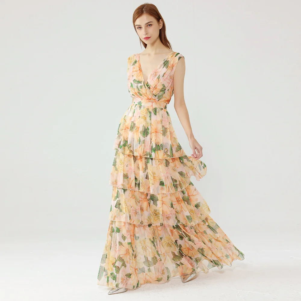 

Summer sexy retro suspender sleeveless flower print cake layer dress women's party sexy temperament elegant high-end clothing da