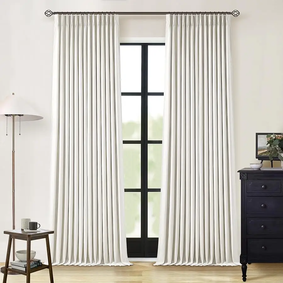 

90 Inch Pinch Pleated Linen Blackout Curtains 2 Panels for Li ing Room Cream Natural 100% Black Out Curtains 90 Inches Long Pinc