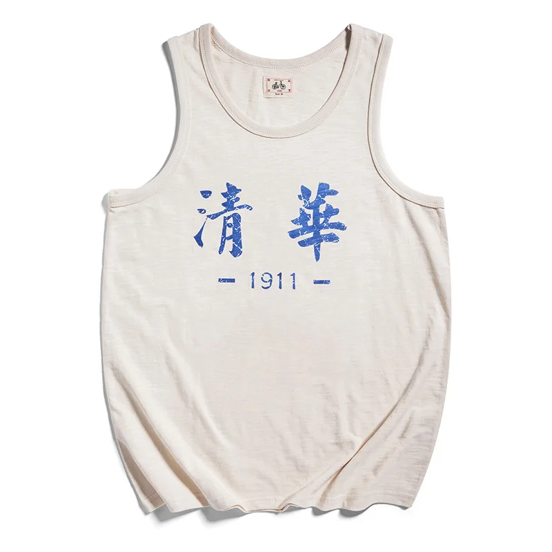 Men Fashion Summer Vintage Tsinghua University Letter Print Cotton O-neck Vest Male Casual Loose White Sleeveless Cloth Top