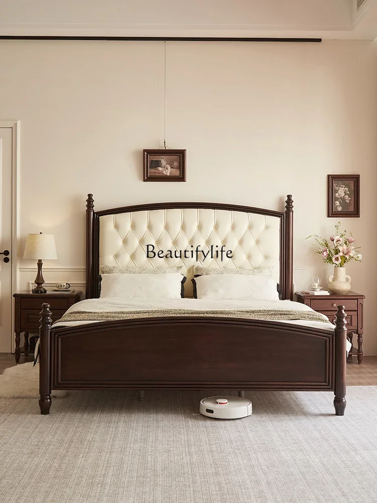 

09 American-style Solid Wood Upholstered Bed Simple Country Retro Master Bedroom Double Bed