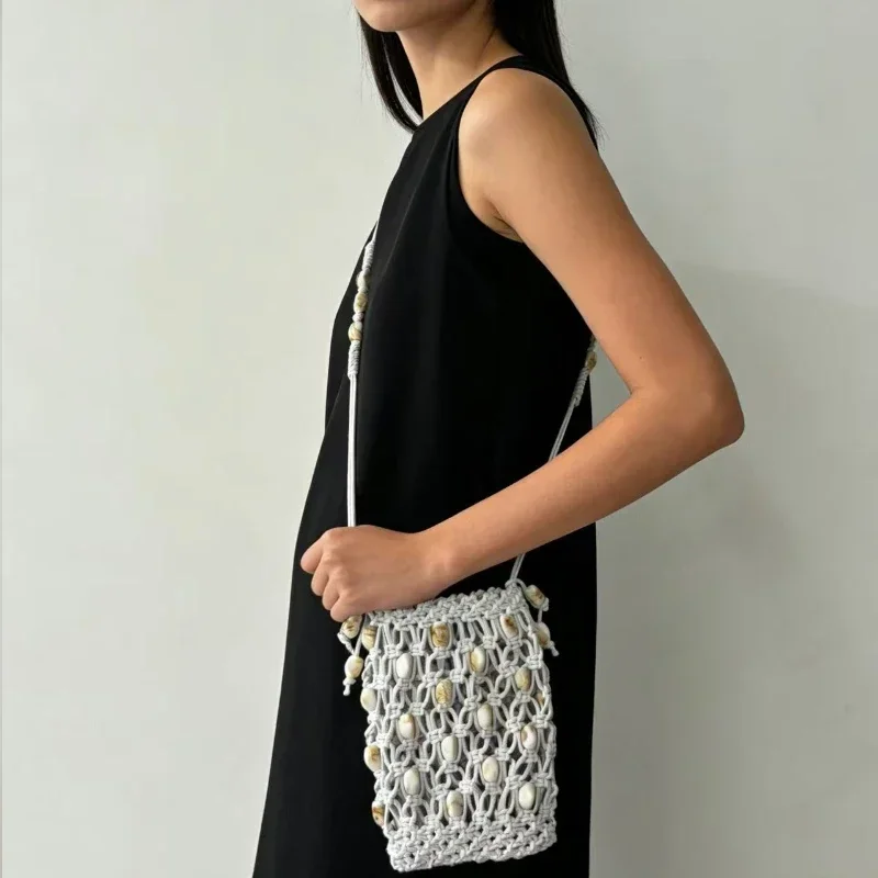 Handgefertigte Hohlperlen-Handytasche aus Steinperlen, Bohemian Crossbody-Tasche für Damen mit gewachstem Seil, Sommer-Strand-Urlaubs-Reisetasche – Detail 11